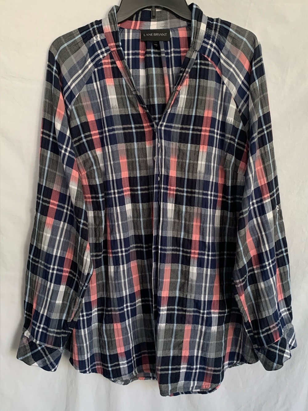 Lane Bryant Navy, Pink & Gray Plaid Button-Down Shirt